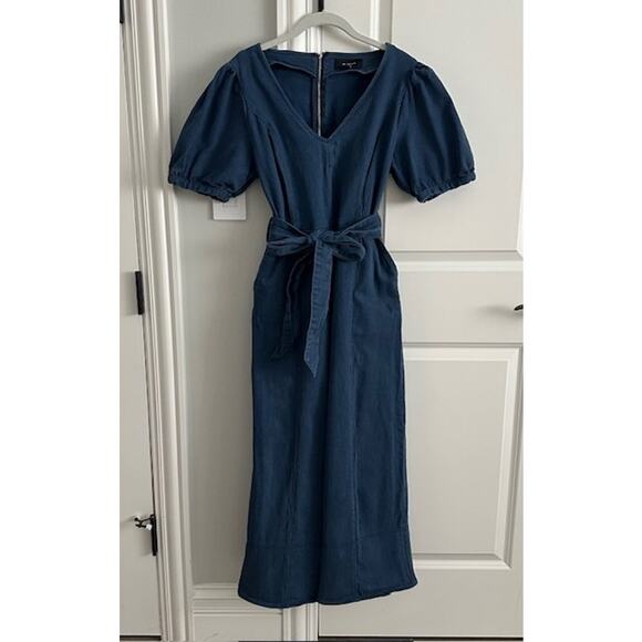 En Saison Puff Sleeve Belted Denim Wide Leg Jumpsuit Medium - Picture 2 of 16